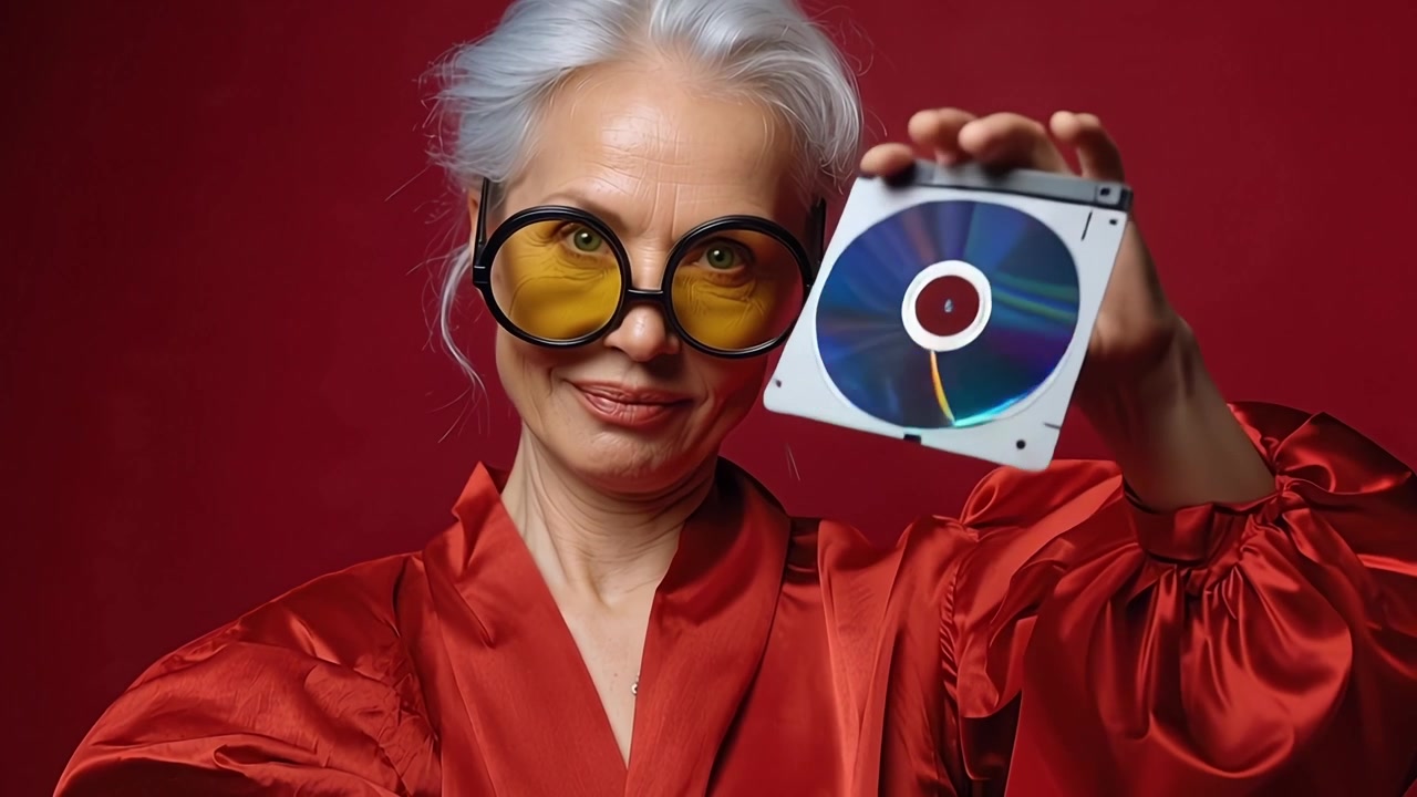 Hymyilevä iäkäs nainen keltaisissa laseissa pitää kädessään retro-minilevyä