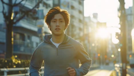 man running in city at sunrise