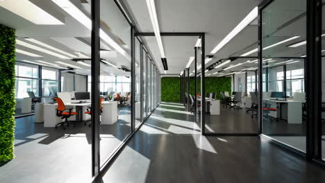 modern open-plan office with green wall
