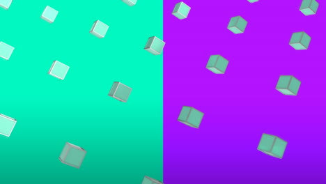 animation of 3d green cubes moving over green and purple background