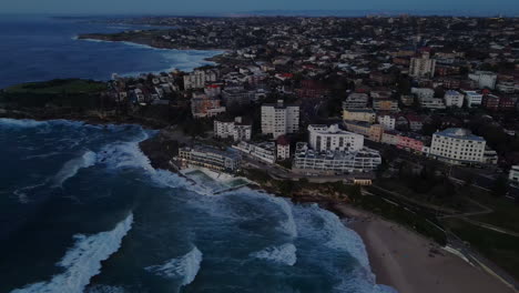 Evening-Drone-shot-of-Bondi-beach-at-dusk