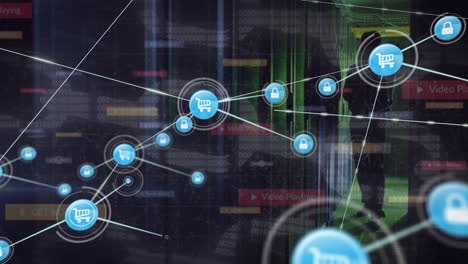 data being processed in a server room, with cloud computing, digital interface, and security concept