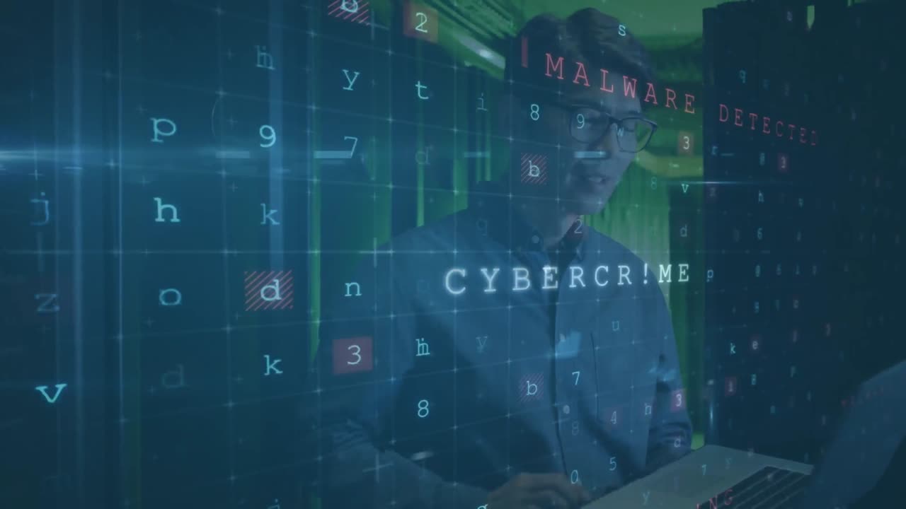 Animation of cyberattack warning over asian man in server room