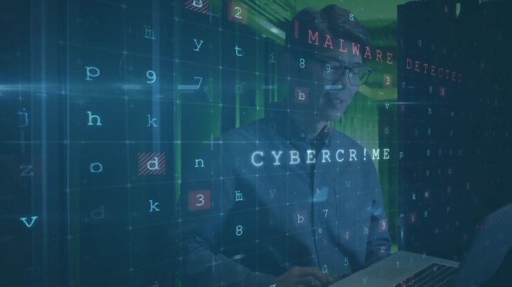 Animation of cyberattack warning over asian man in server room