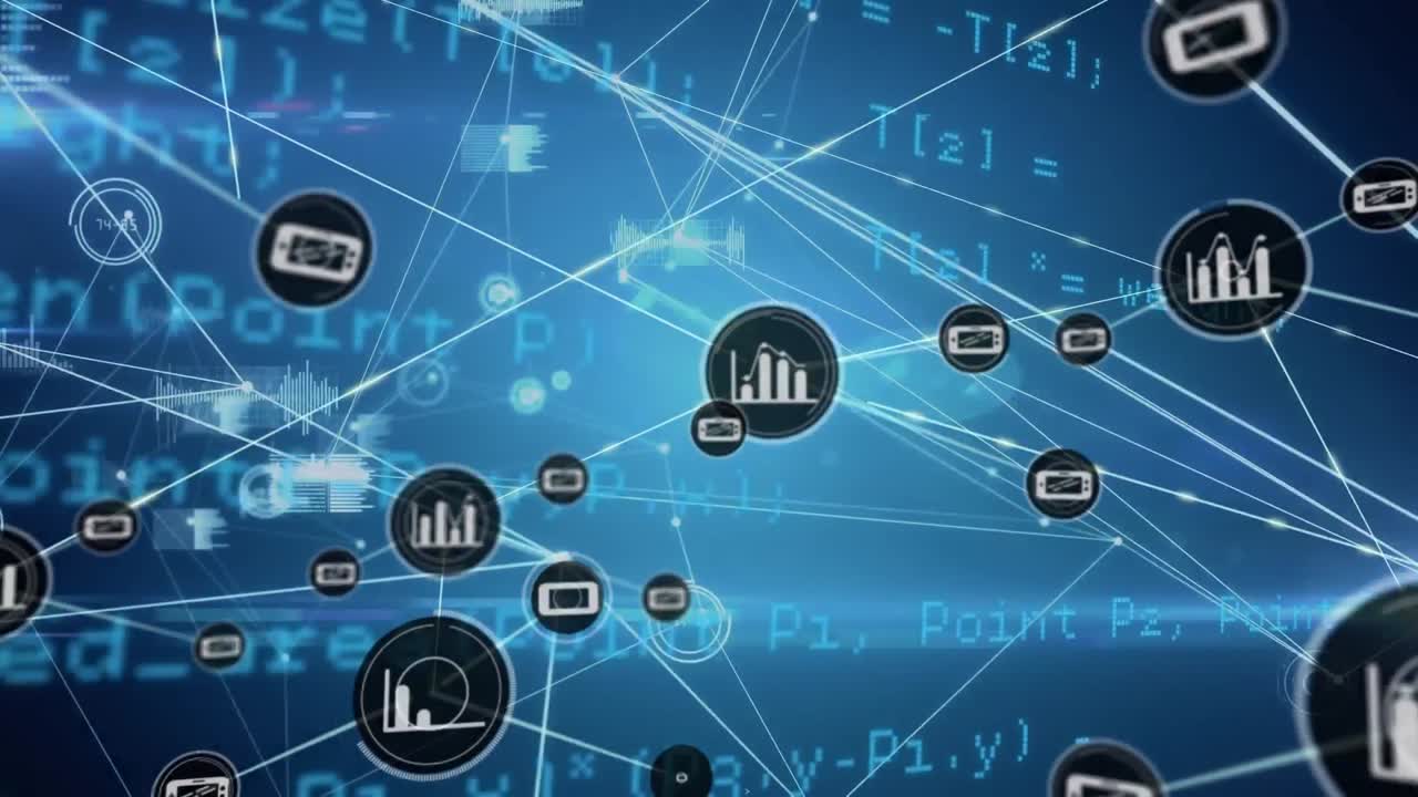 animación de íconos y puntos conectados sobre íconos de gráficos y lenguaje informático en fondo azul