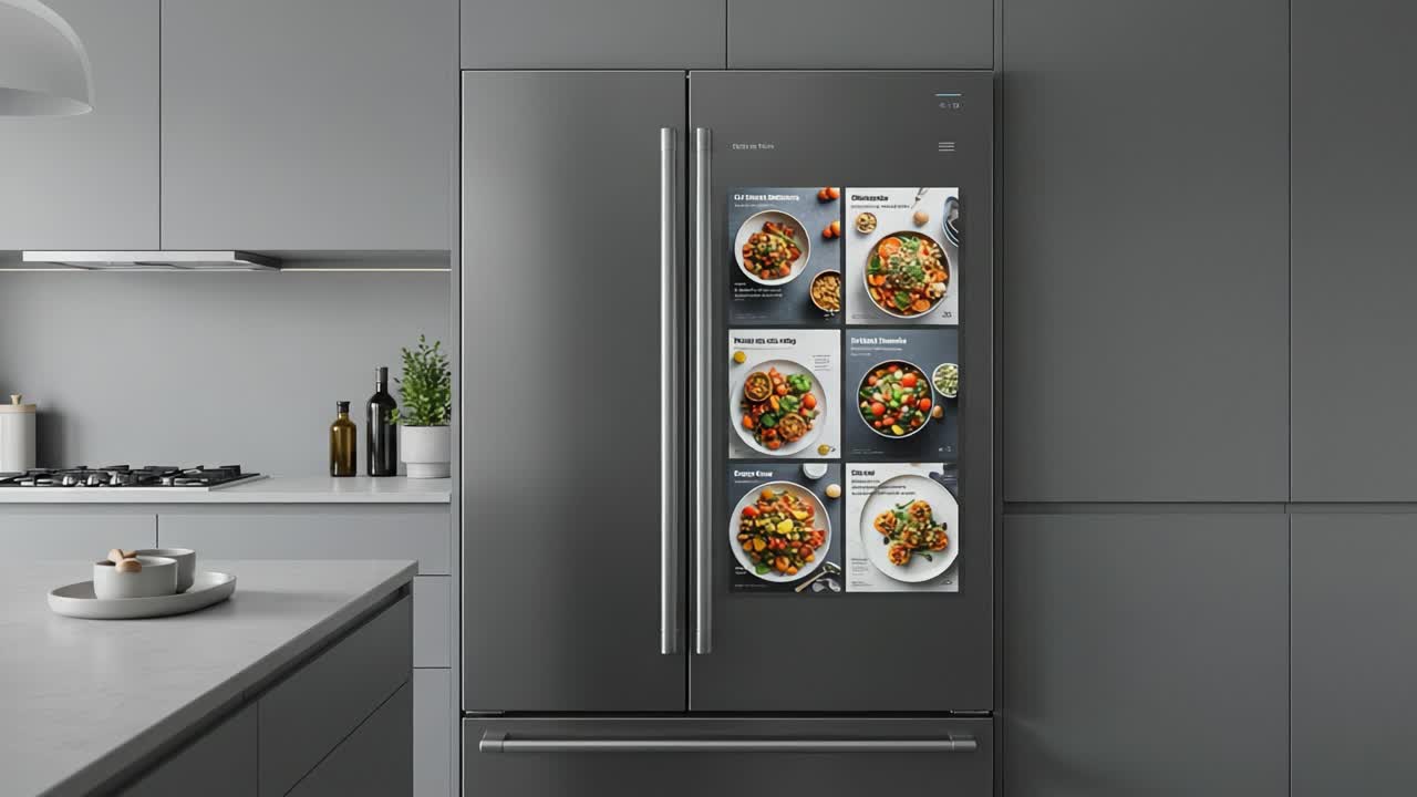 A Modern Kitchen Scene Featuring a High-End Refrigerator Showcasing Meal Suggestions in Its First Frame and an Empty Interior in the Last Frame, Highlighting Functionality and Style