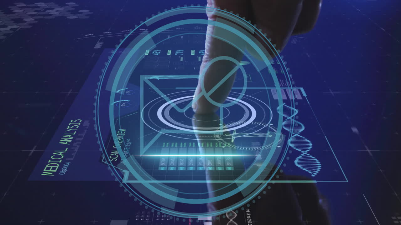 Animation of futuristic touchscreen with DNA graphics and medical analysis data
