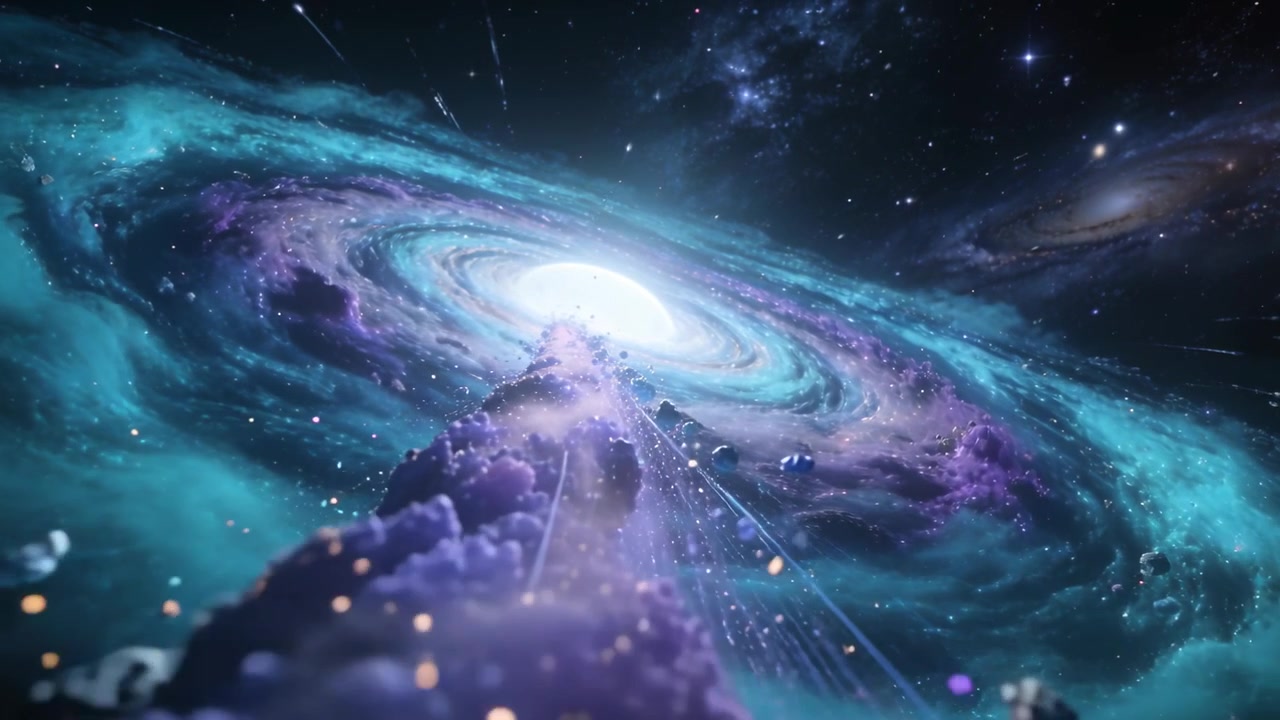 Dopo la spinta della telecamera, il nucleo e il filamento si muovono nello spazio attirando la telecamera verso l'interno, mostrando rocce.