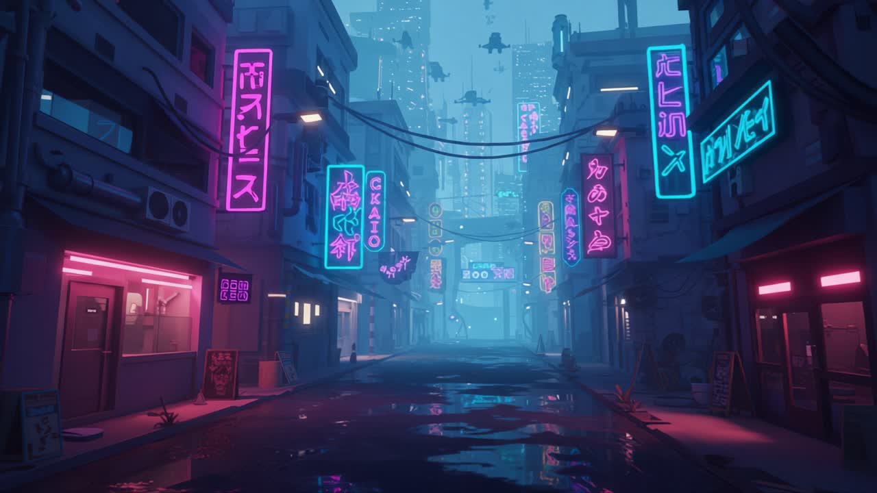 Eine futuristische Neon-Gassenszene im Herzen einer dystopischen Stadt, die beleuchtete Leuchtreklamen und Spiegelungen auf den regennassen Straßen zeigt.