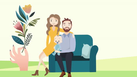 animación de la familia abrazándose en casa y la mano con una flor en fondo verde