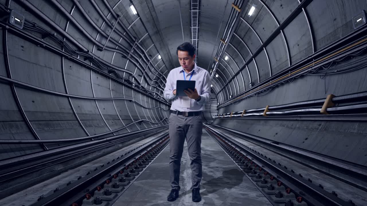 Full Body Of An Asian Male Professional Worker Standing With His Tablet In Underground Subway Tunnel, Typing And Dissapionted With Nodding His Head