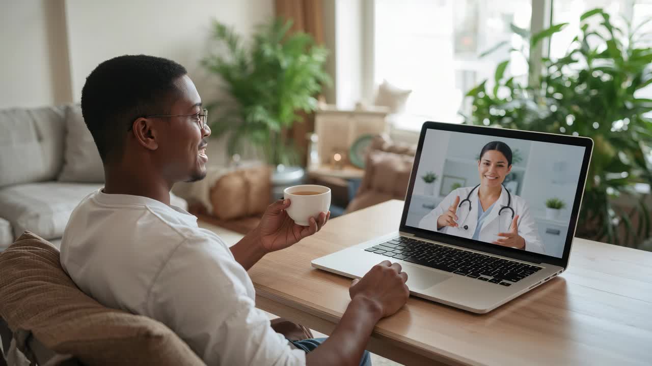 Ein Arzt ruft an, ein Mann mit Brille und weißem Hemd nimmt an einem Telemedizin-Gespräch am Tisch teil und hält eine Tasse