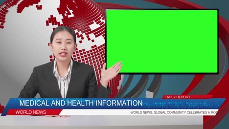 live news studio with asian professional female anchor and green screen television pointing to side while reporting on the events of the day