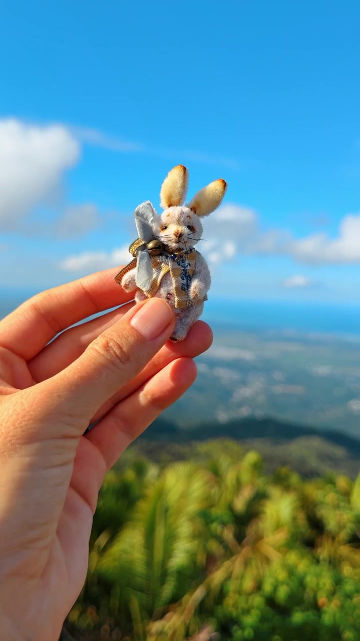 Miniature rabbit toy against mountain landscape. Small rabbit figurine held by hand with distant mountains and sky behind.