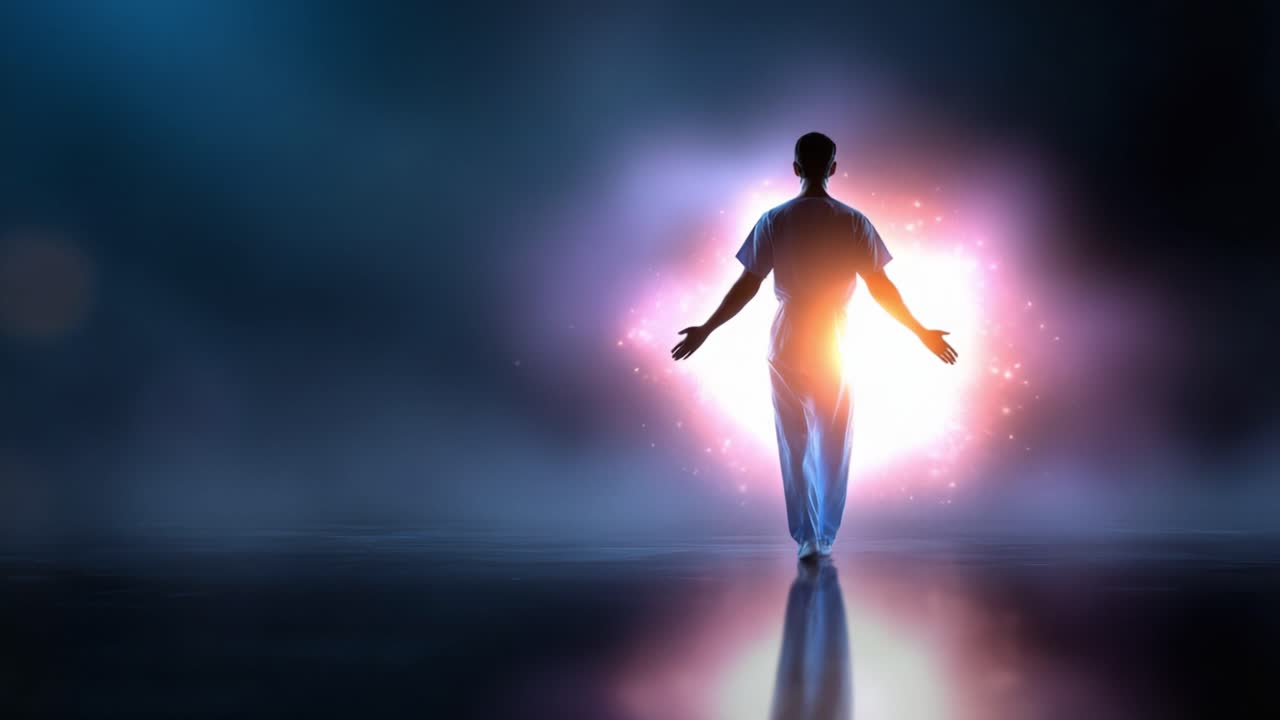 Una figura está de pie con los brazos abiertos sobre un colorido fondo cósmico, que simboliza la exploración, la trascendencia y la magnificencia del universo.