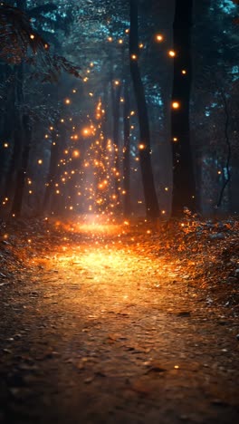 enchanted forest path illuminated by magical lights at dusk