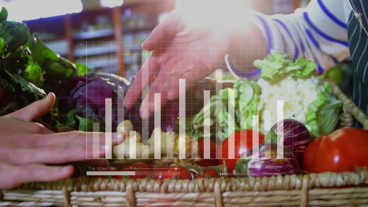 Hands picking vegetables from basket, bar chart animation over produce