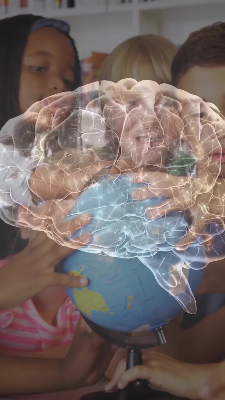 Vertical video: AR brain appearing over globe, kids touching and turning it, pulsing for education