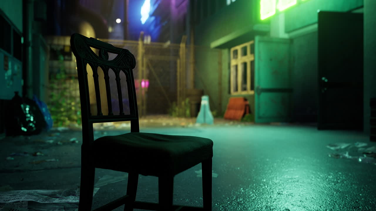 Urban alleyway setting with a solitary chair amidst scattered litter