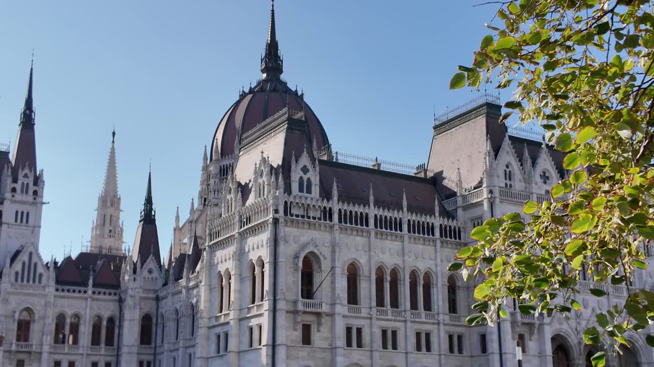 Statue with Hungarian Parliament Building facade in Budapest Hungary - panoramic
