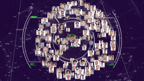 animación del procesamiento de datos y escaneo de alcance en todo el mundo y diversos iconos de personas de negocios.