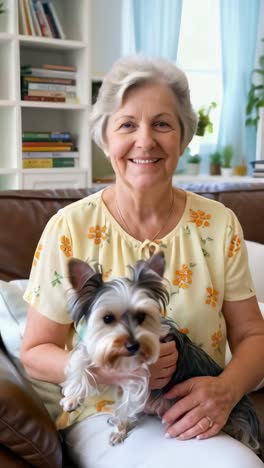 a senior woman is sitting on a couch with his cute dog at home.