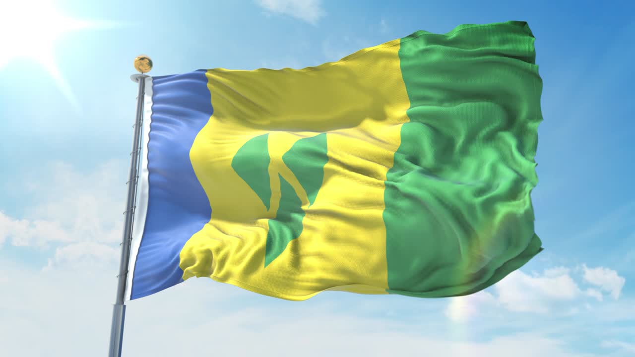 Bandiera di Saint Vincent e Grenadine che sventola al vento contro un cielo blu intenso. Tema nazionale, concetto internazionale. Render 3D, loop continuo 4K