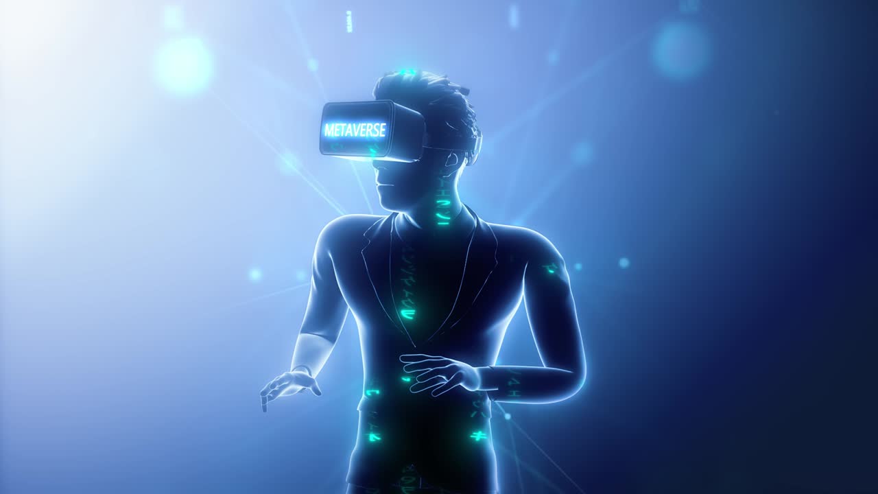 metaverse vr gioco di realtà virtuale, uomo gioca metaverse mondo virtuale tecnologia digitale controllo del gioco con vr goggle tecnologia digitale futura. simboli di matrice. loopable.