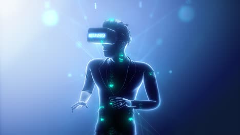 metaverse vr virtual reality game playing, man play metaverse virtual digital world technology game control with vr goggle future digital technology.matrix symbols. loopable.