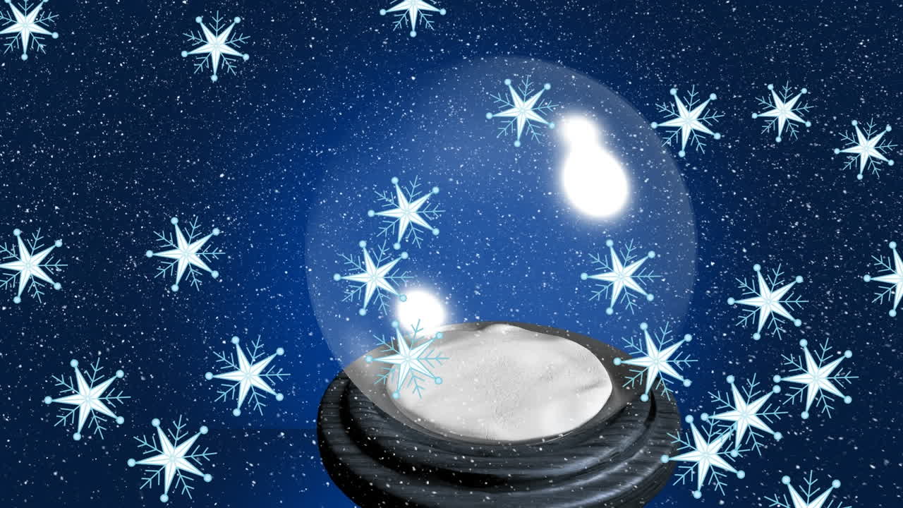 크리스마스 스노우 글로브의 애니메이션은 겨울 풍경에서 내리는 눈 위에 있습니다.