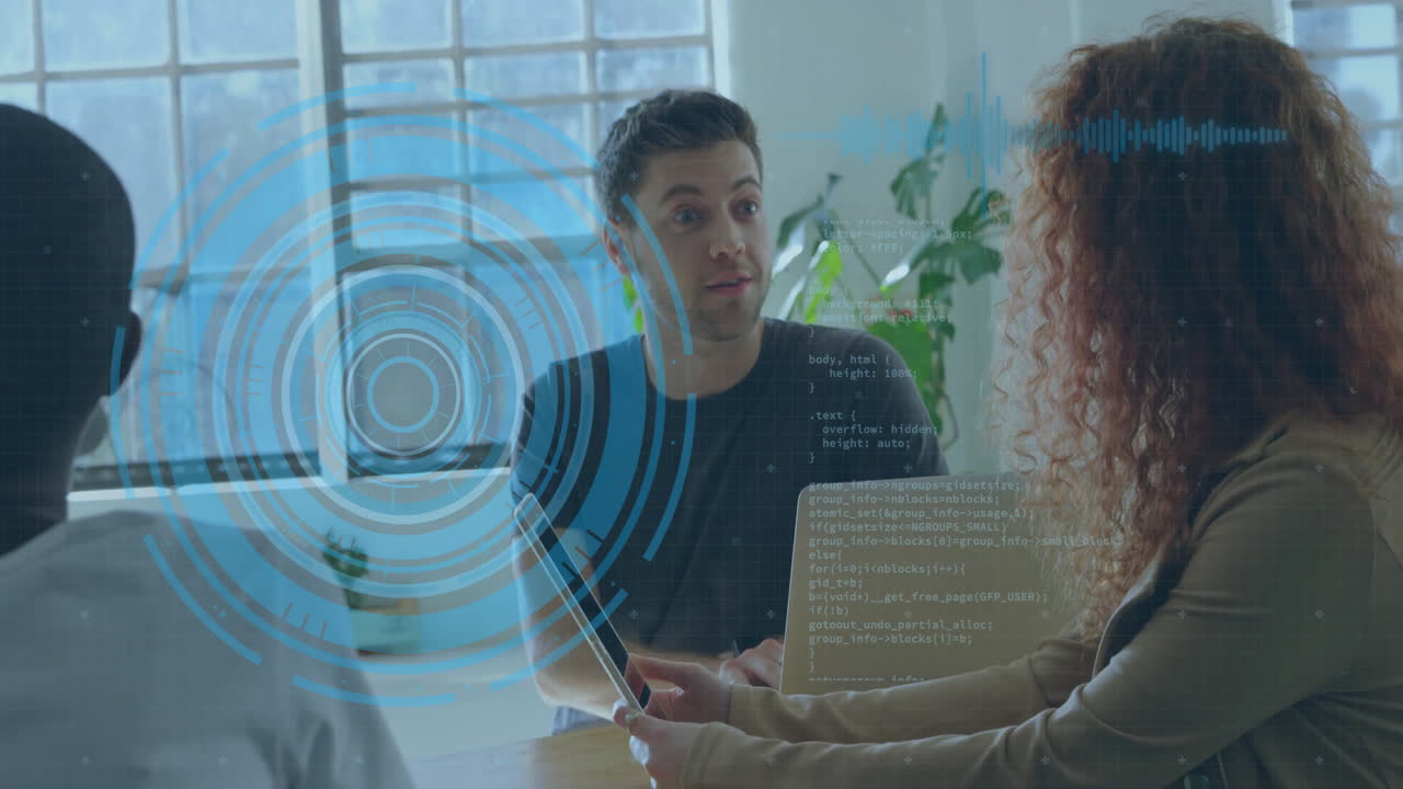 discusión de proyectos, equipo diverso en reuniones de negocios con animación de interfaz digital