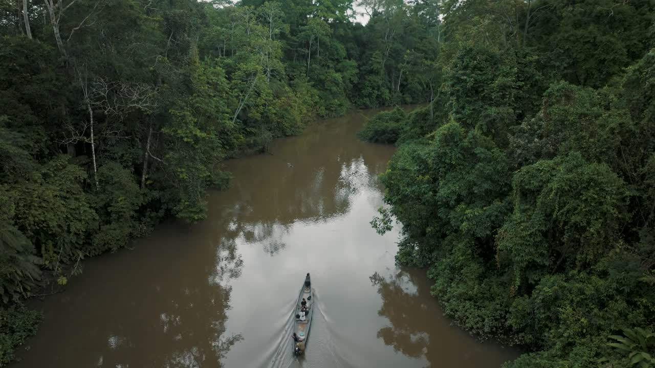 vista aérea ascendente que muestra a personas sentadas en kayak y navegando en la selva amazónica