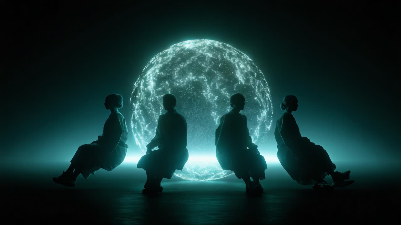 A captivating visual of four figures, shrouded in shadows, meditating against the backdrop of a radiant holographic sphere, creating an ethereal atmosphere that blends introspection and modern technology seamlessly
