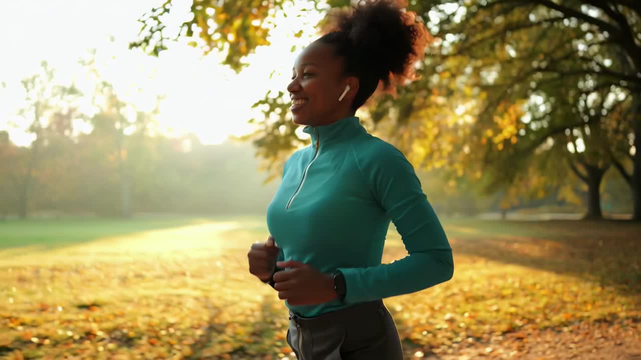Un video vivido di una donna che fa jogging in un parco, ripreso lateralmente con la luce del mattino