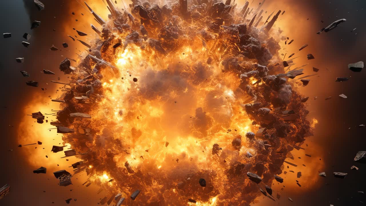 Dynamic explosion captured in a high-angle shot, showcasing fiery debris and intense energy, perfect