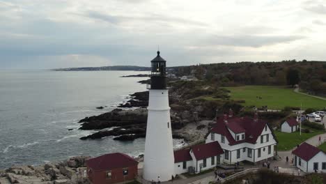 portland head light lighthouse near atlantic ocean aerial in cloudy day