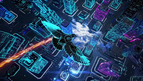 futuristic cityscape with flying falcon