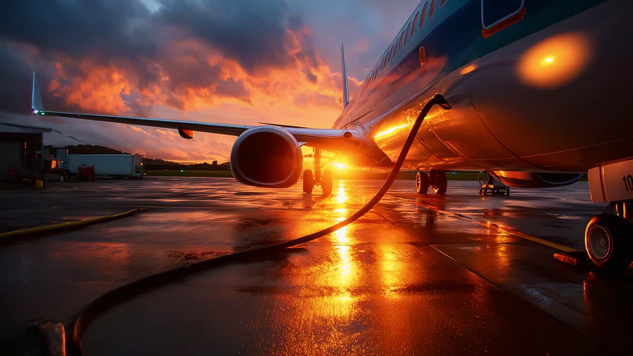 A breathtaking sunset paints a vibrant sky behind a parked airplane at an airport, highlighting the intricate details of its fuselage and engine as fuel is being pumped, capturing the essence of travel and adventure