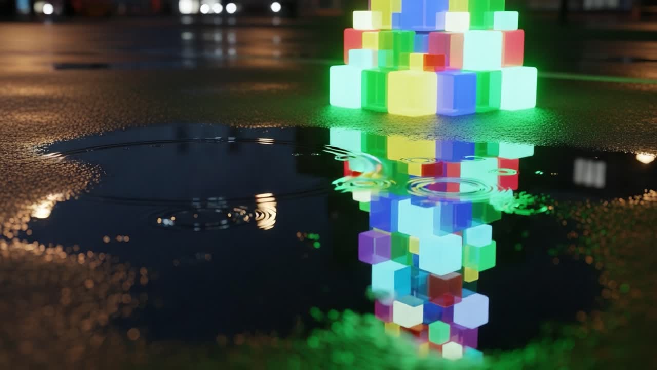 Illuminated Colorful Cubes Reflected in Rainwater on a Wet Surface at Night: A Captivating Display of Light and Geometry in an Urban Landscape