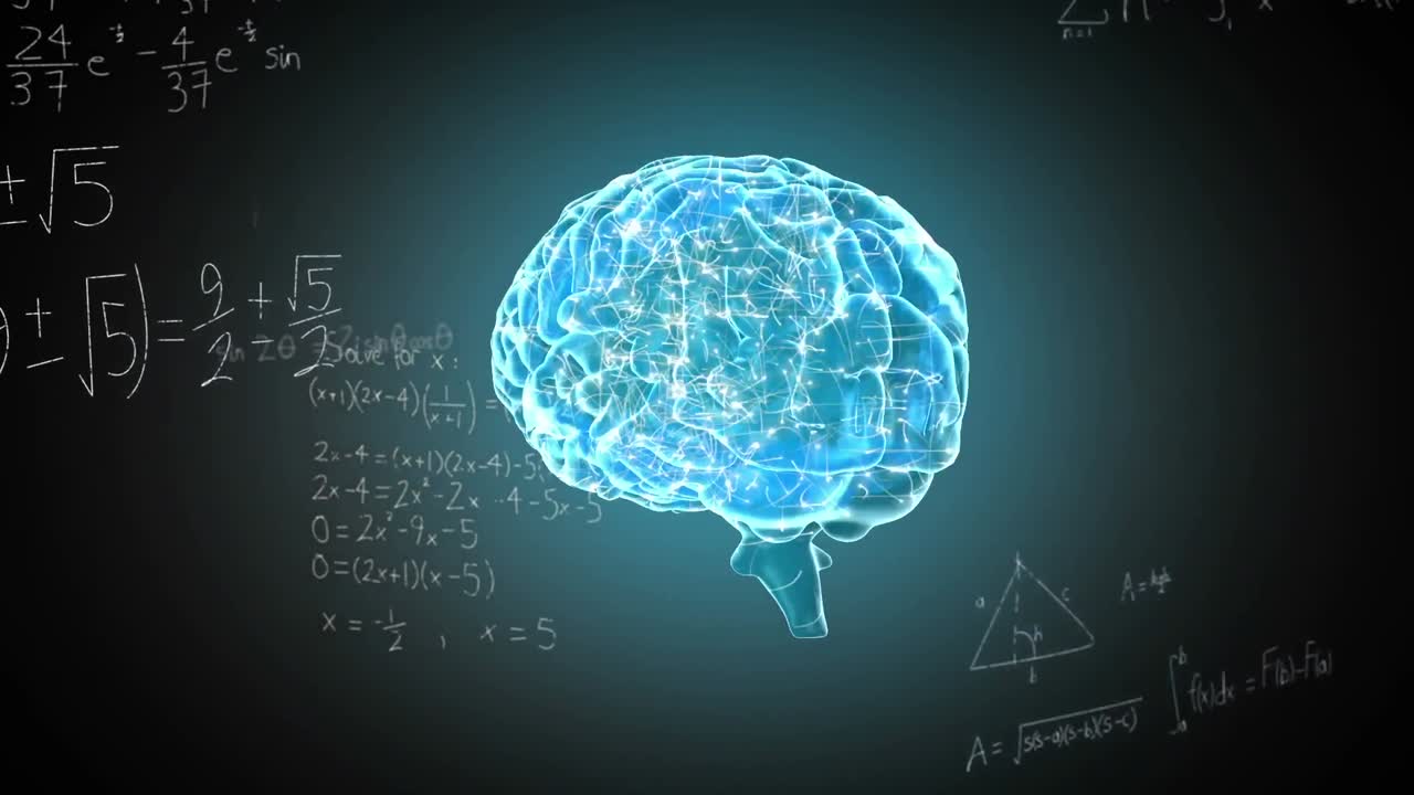 Animation of mathematical equations floating over spinning human brain icon against blue background