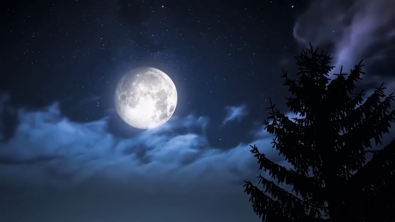 Fullmåne og stjerner på en rolig nattehimmel med bevegelige skyer