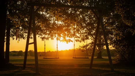 a serene sunset over a classic swing set surrounded by lush trees, creating a tranquil atmosphere perfect for reflection and relaxation in nature's embrace