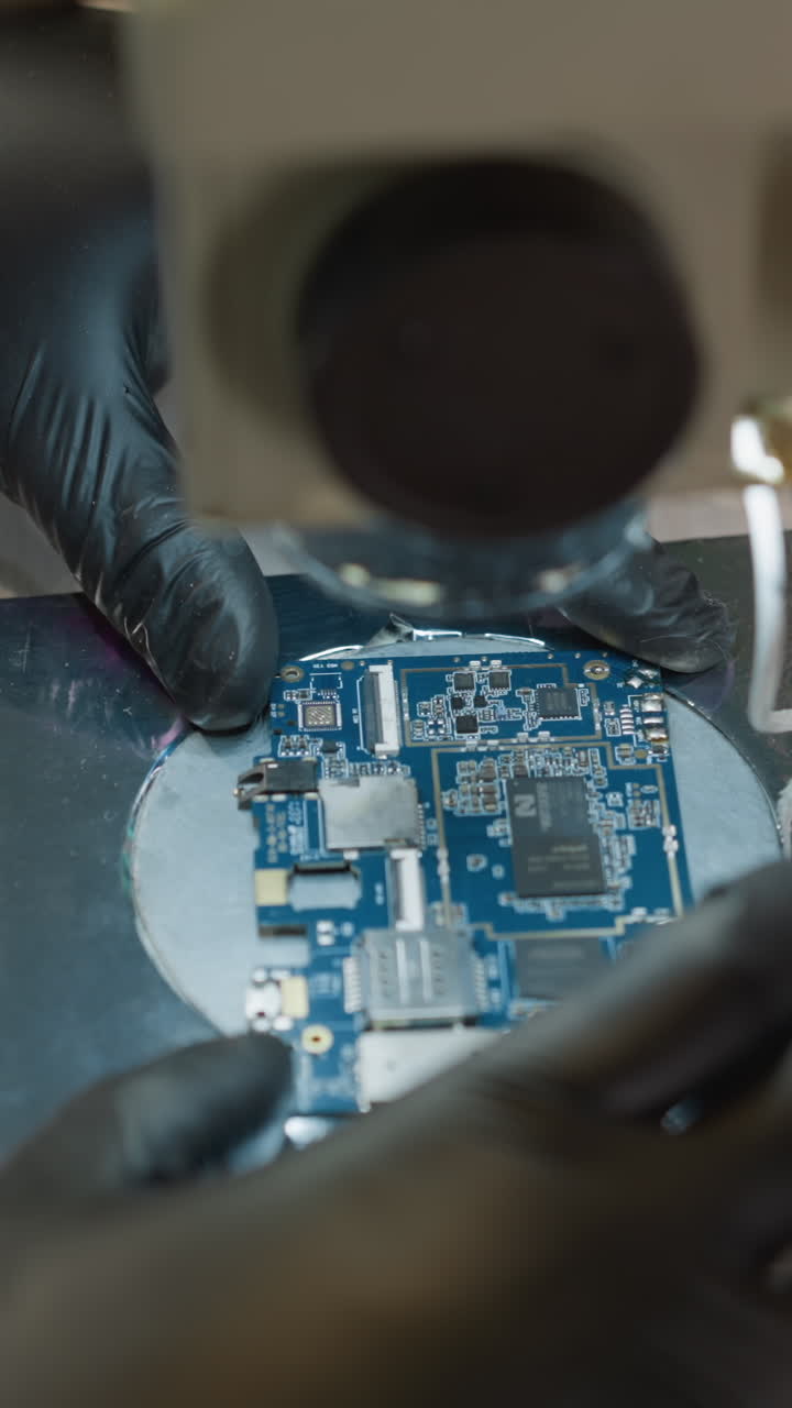 una vista de cerca de un técnico con guantes de mano negros trabajando meticulosamente en un circuito bajo un microscopio en un laboratorio
