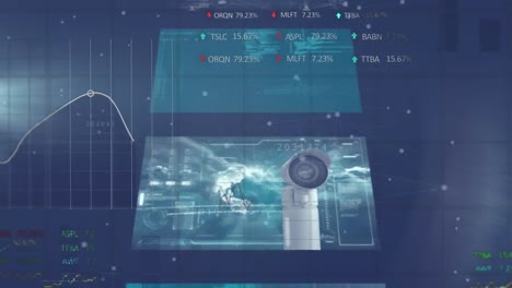 animación del procesamiento de datos estadísticos y bursátiles frente a pantallas con tratamiento de datos