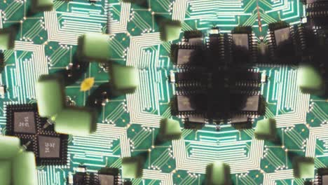 Quick-rotating-pattern-of-analog-digital-circuit-board-passing-over-green-yellow-into-black