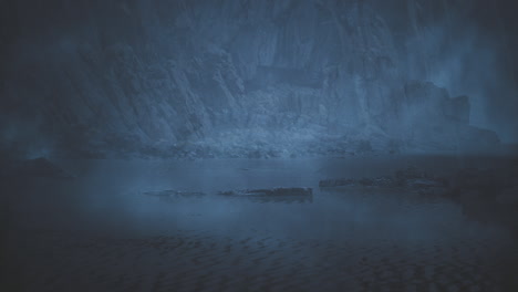 mysterious fog envelops rocky coastline during twilight hours