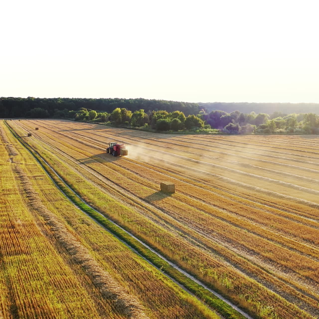 Tractor baling dry grass on the field. Square bales are coming from tractor after collecting hay. Seasonal works on the natural landscape in summer. Aerial view.