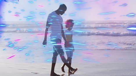 father and child walking on beach with colorful light streaks animation