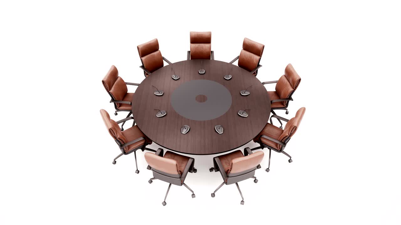 muchas mesas redondas para conferencias sobre fondo blanco. vista superior.