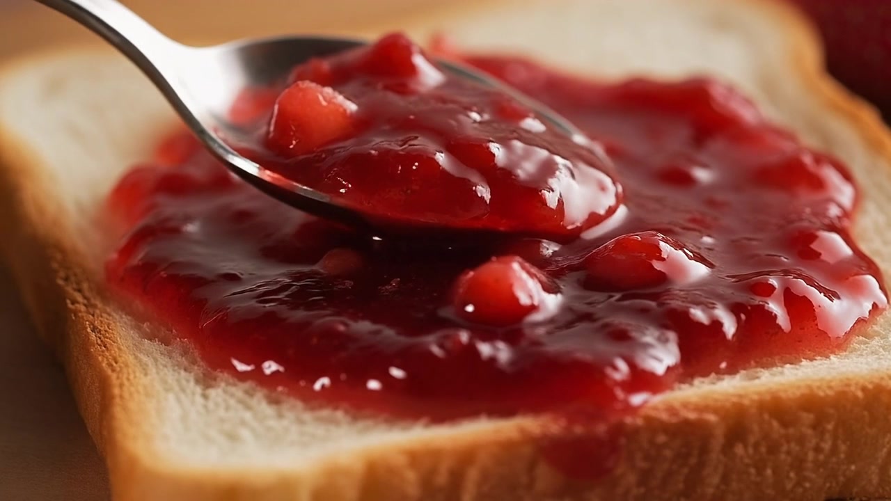Spalmare marmellata di fragole su una fetta di pane bianco